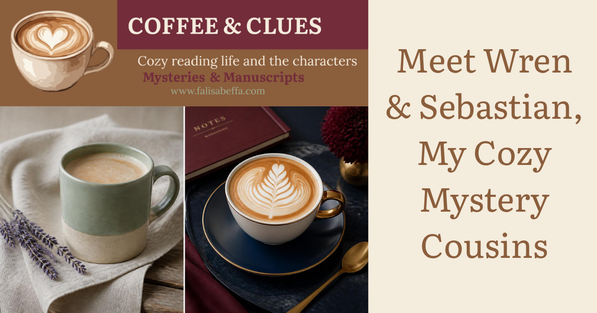 Split image contrasting a plain sage stoneware mug with a carefully styled latte, representing cozy mystery cousins Wren and Sebastian