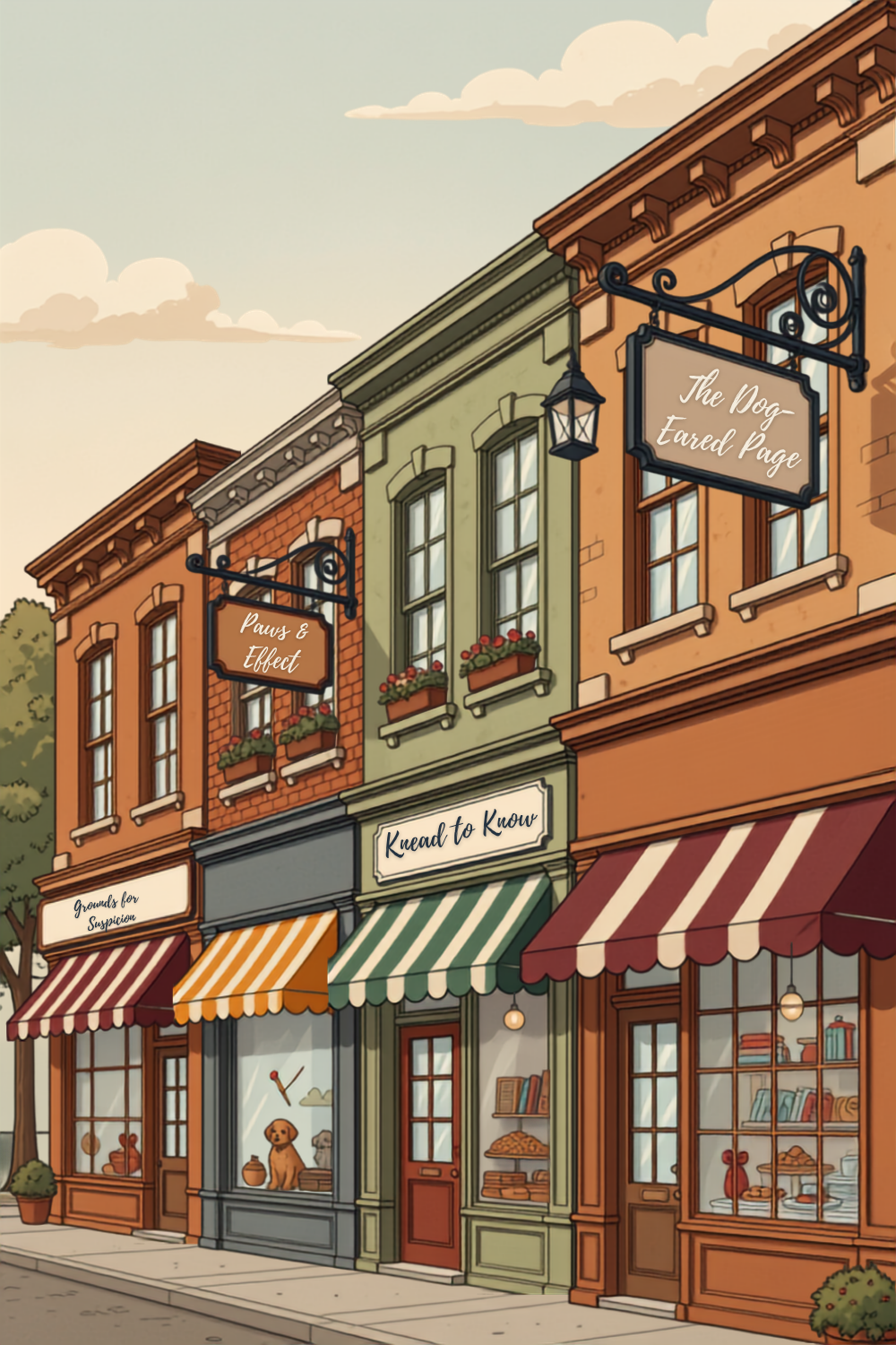 Illustrated Main Street of Thistledown showing cozy mystery shop signs including Grounds for Suspicion, Knead to Know, and Paws & Effect