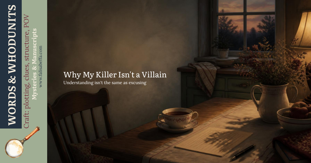 Dimly lit farmhouse kitchen at dusk with an empty chair pulled back from a wooden table holding a teacup, a handwritten card, and a pen