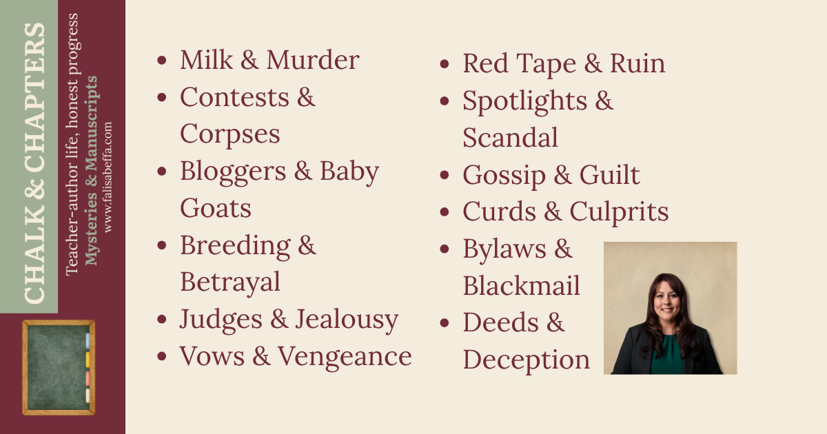 The twelve Hollow Creek Farm Mystery titles listed in two columns, from Milk & Murder to Deeds & Deception, with author Falisa Beffa's photo and the Mysteries & Manuscripts brand.