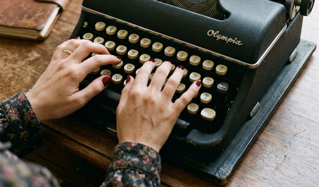 Hands typing on an Olympia typewriter with a manuscript page inserted